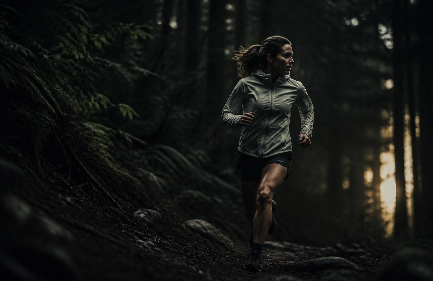 Trail runner moving through a dark forest at dawn